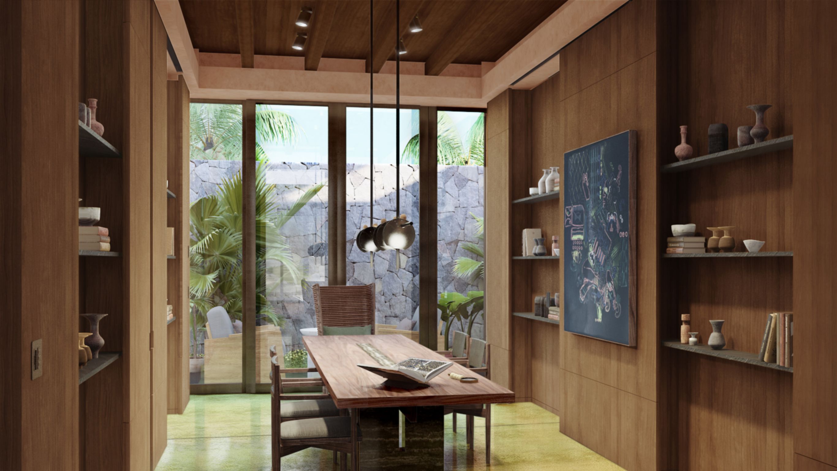Beachfront Villa_Rendering_Study Room_Long table and chairs with views of courtyard